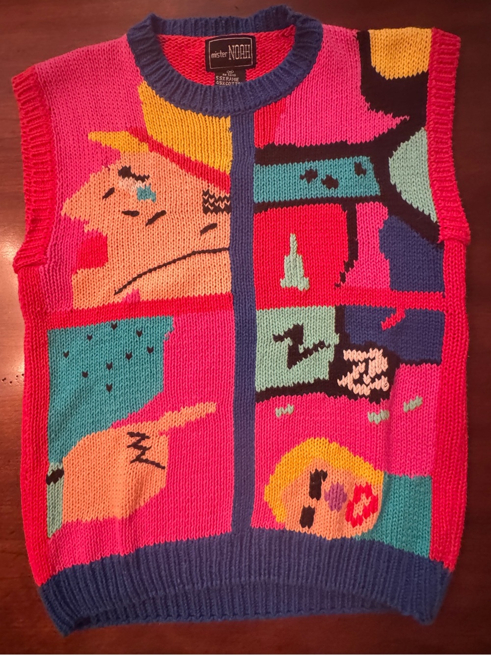 Vintage Cotton Ramie Mister Noah Abstract Art Sweater Vest M Novelty Y2K Teacher